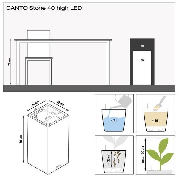 Розумний вазон з автополивом Lechuza CANTO Stone 40 high LED кварцовий білий 13647 фото