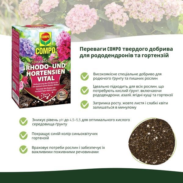 Набір Кислолюбні рослини &ndash; COMPO SANA + COMPO добрива для рододендронів і гортензій SET-1795-1741-2556 фото